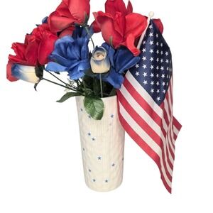 Blue Stars Ceramic Flower Vase Faux Floral Roses American Flag Patriotic Decor